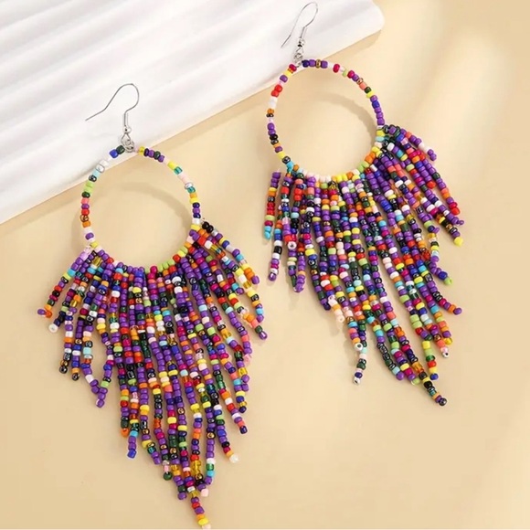 Beaded Multicolored Fringe Hoop Earrings - Picture 7 of 13